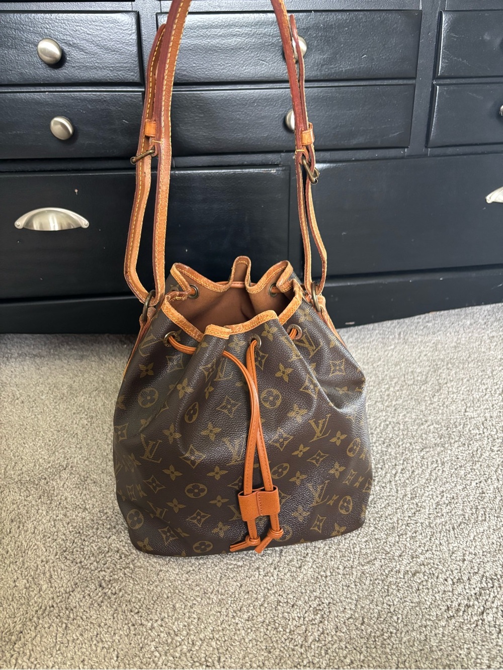 Louis Vuitton Monogram Drawstring Bucket Shoulder Bag in Brown and Tan